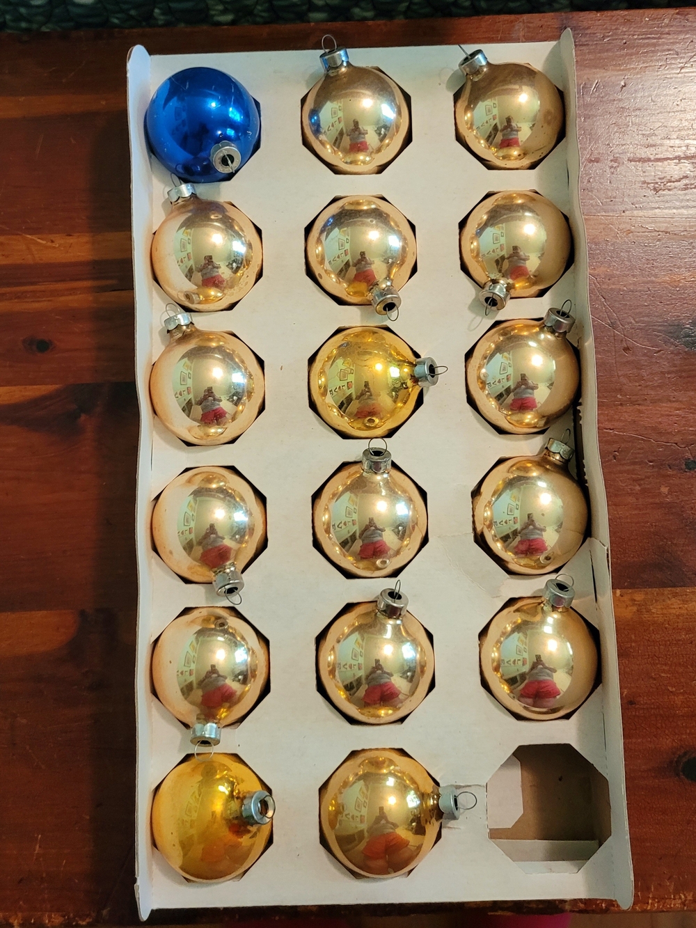 Set of 17 Shiny Glass Holiday Ornaments — Gold with One Royal Blue